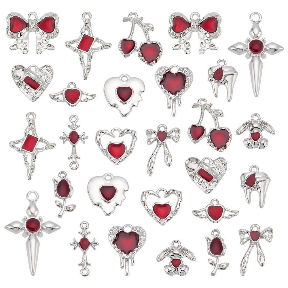 3298 28pcs 14 Styles Alloy Gothic Charms Pendants, Platinum Red Heart Charm